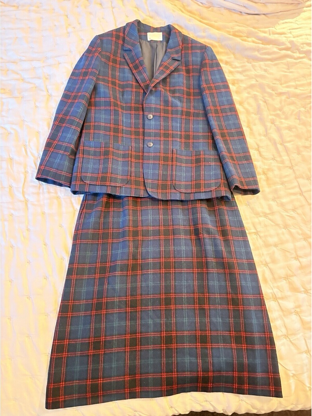 Pendleton Wool Red & Blue Plaid Suit Skirt Set, Size 8 Skirt 30” Waist